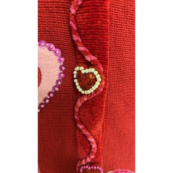 The Quacker Factory Valentine Cardigan Sweater Beaded Hearts Red/Pink Medium - Picture 9 of 16